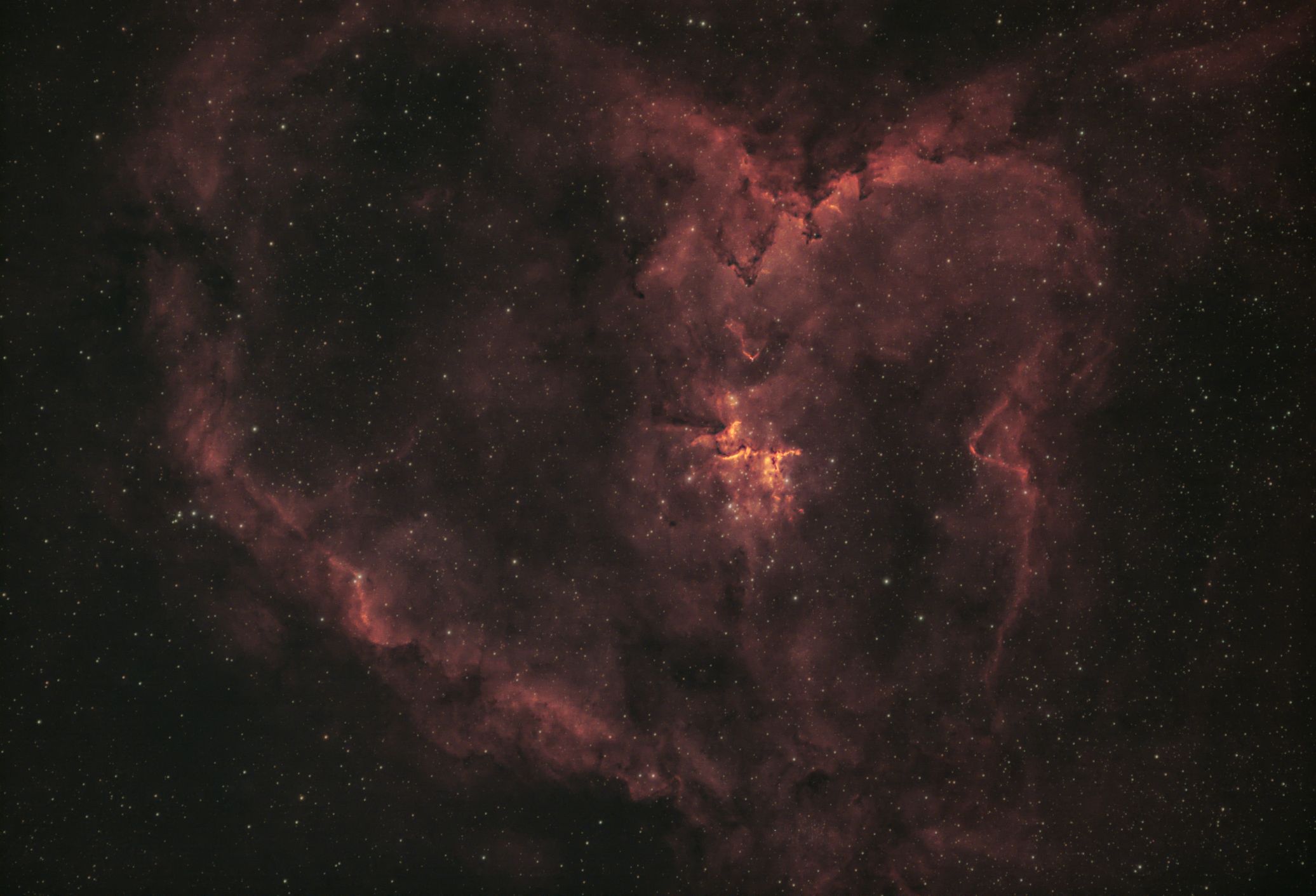Phil Rourke.  IC 1805 the Heart Nebula in Cassiopeia.  30th. November 2022. SkyWatcher ED80 refractor and focal reducer, SkyWatcher HEQ5PRO mount, ZWO ASI294MC PRO colour camera and Optolong Extreme dual narrowband filter.